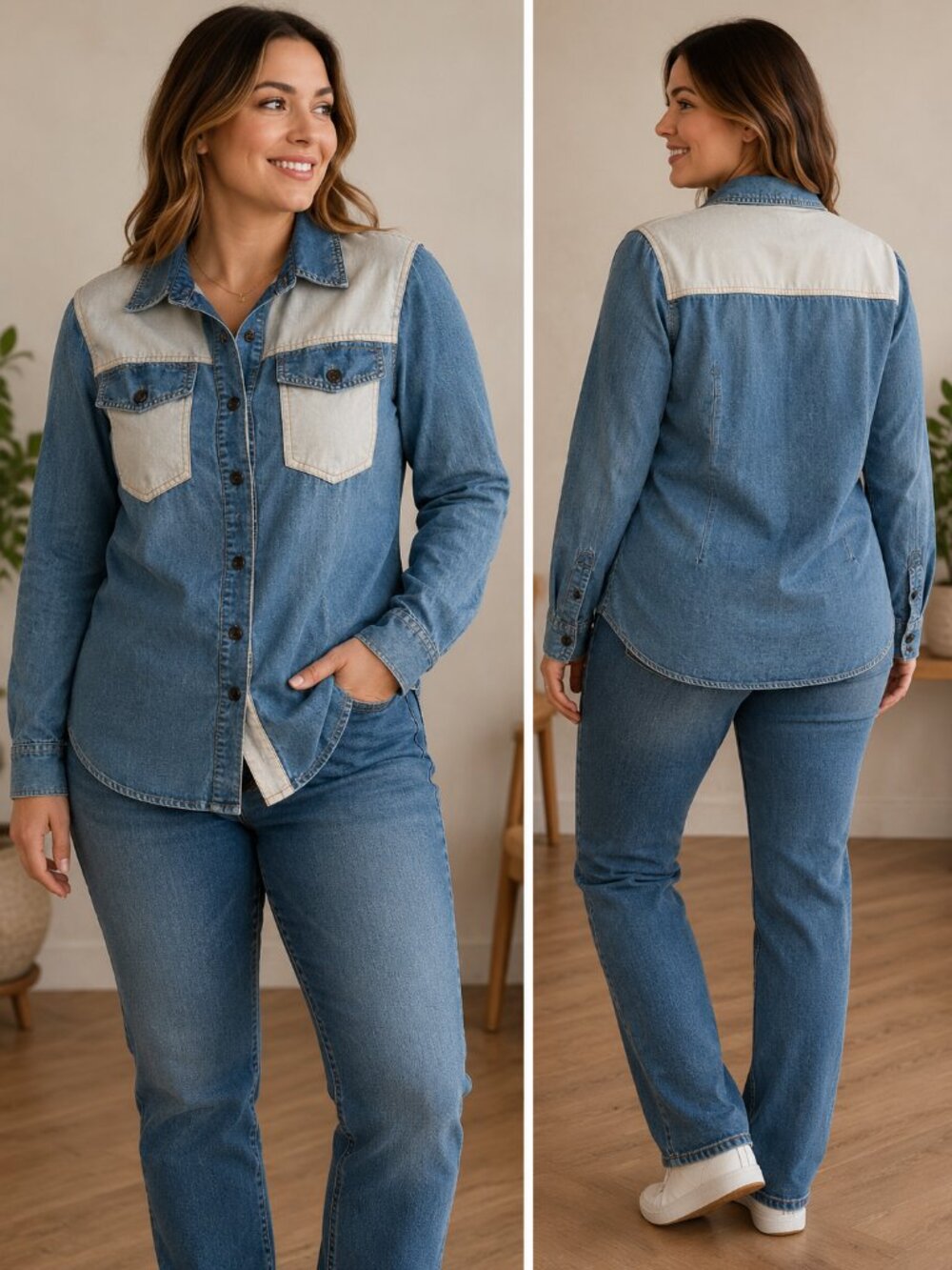 Kroix Denim Pearl Snap Western Shirt Two Tone Distressed Women M